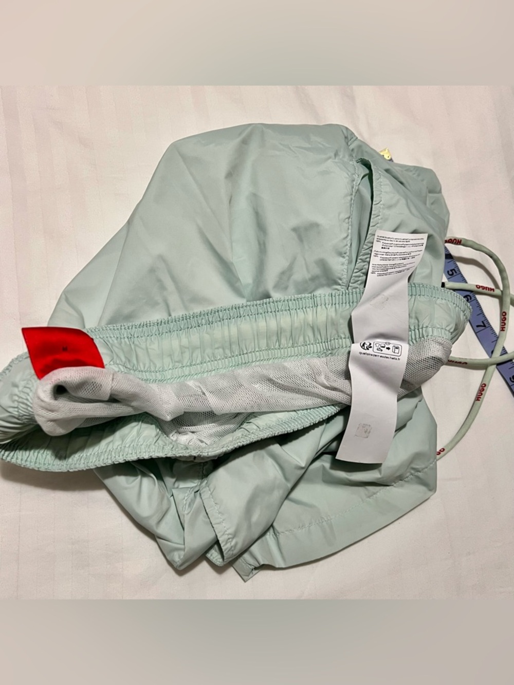 HUGO Light Mint Green Swim Shorts with Red Logo - Picture 7 of 8